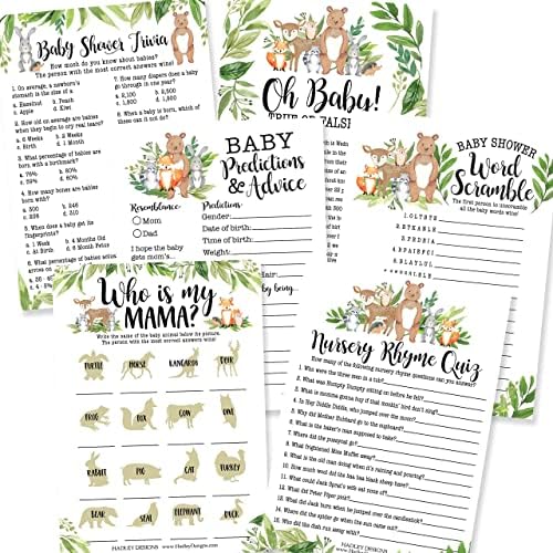 Hadley Designs 50 Woodland Baby Prediction And Advice Cards, Trivia Games, etc., 25 Baby Animal Matching, Nursery Rhyme Game-6 Double Sided Cards Baby Shower Games Funny, Ideas Baby Sprinkle Games by HadleyDesigns