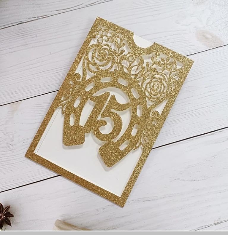 50Sets Glitter Gold Quinceanera Invitation Sweet Fifteen Party Invitation Glitter Horse DIY Laser Cut Western Wedding Cards With Blank Insert Envelope - Image 6
