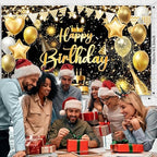 Black Gold Happy Birthday Party Decorations Backdrop, Happy Birthday Backdrop Banner Anniversary Party Photo Booth Background Golden Balloons Glitter Star Birthday Party Photo Background, 15X10ft - Image 5