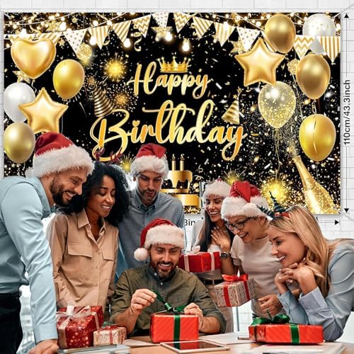 Black Gold Happy Birthday Party Decorations Backdrop, Happy Birthday Backdrop Banner Anniversary Party Photo Booth Background Golden Balloons Glitter Star Birthday Party Photo Background, 15X10ft - Image 5