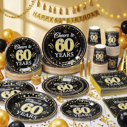 Pickmesh 250 Pcs 60th Birthday Party Supplies Decorations Serve 50 Black Gold Cheers to 60 Years Disposable Paper Plates Napkins and Cups for Women Men 50th Birthday Wedding Anniversary Party Supplies - Image 6