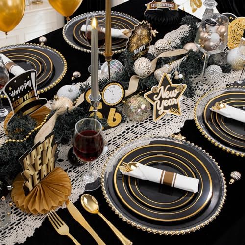 350 Pieces Black and Gold Plastic Plates with Disposable Silverware, Include 50 Dinner Plates 9”, 50 Dessert Plates 6.3”, 50 Black Cups 9 OZ, 50 Pre Rolled Napkins for Wedding/Party/Birthday/Halloween - Image 4