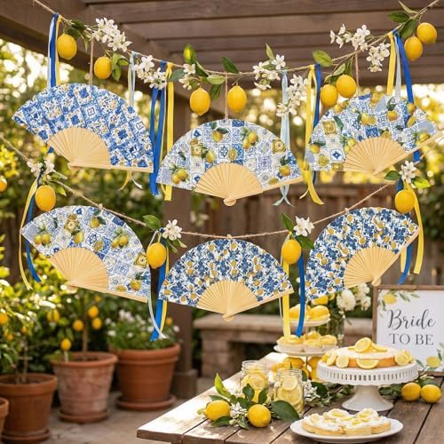 Briwooody 48 Set Amalfi Coast Lemon Hand Folding Fan with Organza Bag Bulk - Image 6