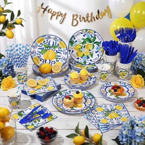 450 Pcs Tableware Set, Serve 50, Blue and Yellow, Capri Lemon - Image 6