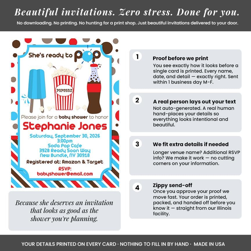 Amanda Creation She's Ready to Pop Baby Shower Invitations, Ready to POP Baby Shower Invites, 20 Personalized 5x7 Double-Sided Cards with White Envelopes, Made in USA - Image 3
