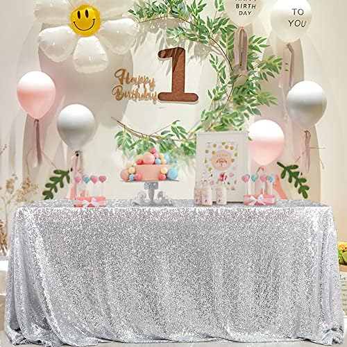 Sequin Tablecloth 90x132inch Rectangular Silver Table Cloth Glitter Overlay - Image 3