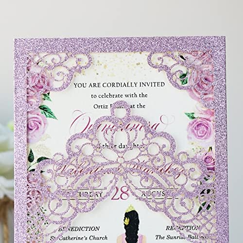 Hosmsua 50PCS 5.1x7.3 Inch Blank Purple Glitter Quinceanera Invitations Kit Laser Cut Floral Crown Pocket Quinceañera Invitation with Envelopes for Birthday Bridal Shower Quince Invite - Image 6