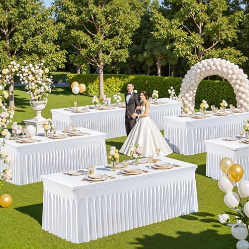 Suppromo 8ft White Spandex Tablecloths for Rectangle Tables Wrinkle Free White Rectangle Table Cloth, Stretch Fitted Table Cover with Skirt for Wedding Birthday Party Banquet Baby Shower Buffet Event - Image 3