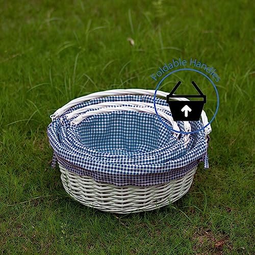 WICKERWISE Traditional White Round Willow Gift Basket with Gingham Liner and Sturdy Handles, Food Snacks Storage Basket, Blue, Foldable Handles Set of 3 - Image 7