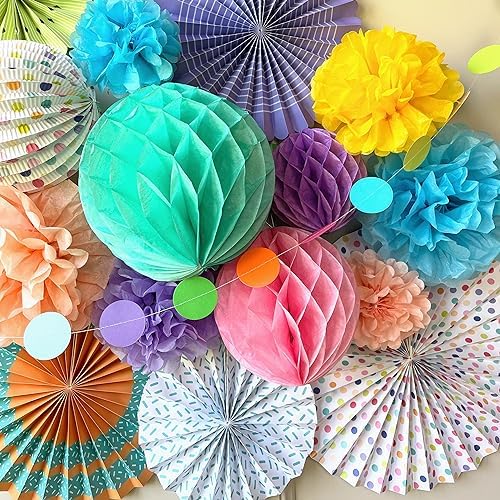 PapaKit Premium Paper Decoration Set - Pom Pom, Honeycomb and Accordion Lantern (Festive Colors) Birthday Party Baby Shower Bride to Be Engagement Wedding Events - Image 4