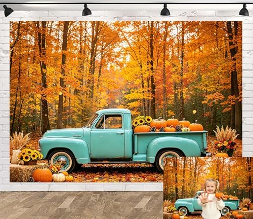 Fall Forest Backdrop Fall Vintage Blue Truck with Pumpkin Backdrop 9x6FT by Unknown