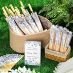 61 Pcs Blue Floral Wedding Favors Bulk with 12 Guests Paper Parasols Umbrella, 24 Folding Fans, 24 Gift Bags, and 1 Wooden Table Sign for Bridal Shower Outdoor Ceremony Tea Party Decoration - Image 4