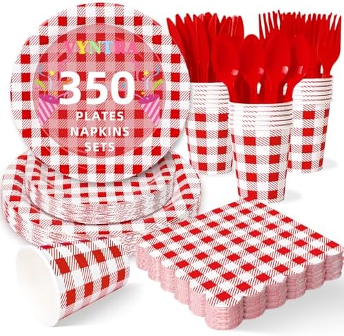 Vyntra 350-Pc Red Gingham Paper Plates and Napkins Party Supplies by PartyTablewareSupplies