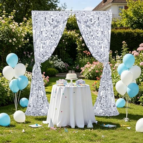 Silver Sequin Backdrop Curtain 2 Panels 2ftx8ft 18mm Glitter Shimmer Background Drapes for Wedding Party Baby Shower Photo Booth Decorations - Image 4