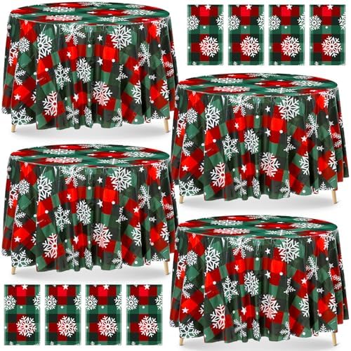 Ganeen 12 Pcs Christmas Snowflake Round Tablecloth 84" Red White Plastic by Ganeen