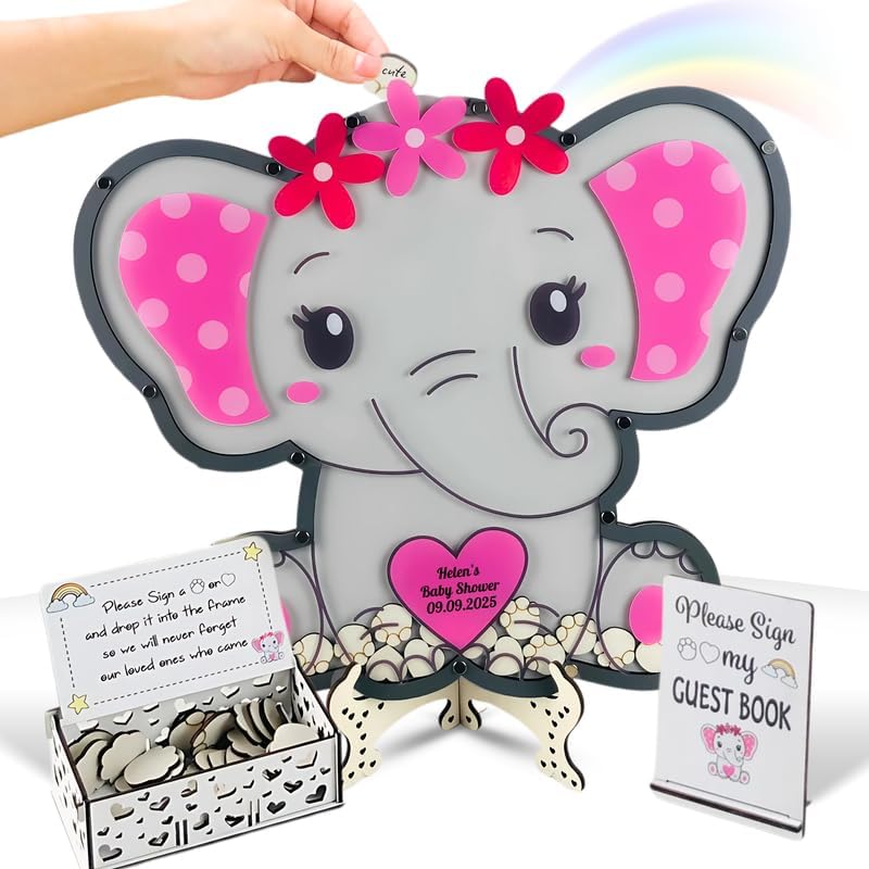 Elephant Baby Shower Guest Book Alternative Drop Box Frame Wood Girl Pink by Handmade