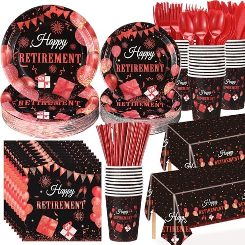 Funnymoom 452 Pcs Retirement Party Decorations Supplies Set Include Red Black Retirement Paper Plates Napkins Cups Tablecloth Cutlery Straws for Men Women Say Goodbye Party by Funnymoom