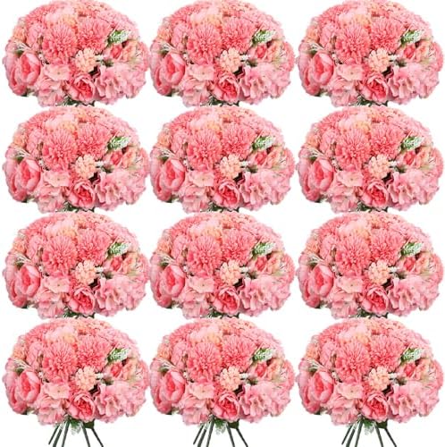 Tigeen 12 Bundles Artificial Flowers Bouquet Silk Peonies, Rose Pink by Tigeen