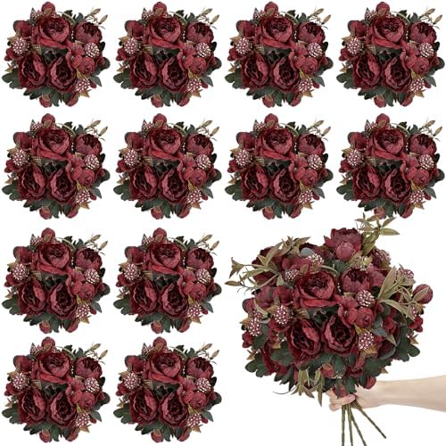 12 Bundles Silk Faux Peonies Bulk - Burgundy by TOBILU