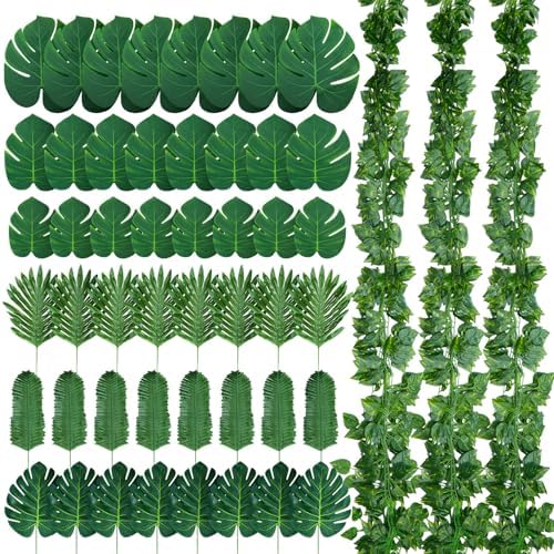 XunYee 60 Pcs Total 82.5 ft Jungle Theme Party Decoration, Tropical and Monstera Palm Leaves, 2026 Artificial Ivy Rattan Vines, Fake Greenery Faux Leaves for Baby Shower Safari Party Decoration Set by XunYee
