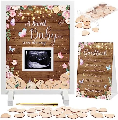 Kosiz Baby Shower Guest Book Frame, 60 Guests Wooden Hearts, Wood Floral by Kosiz
