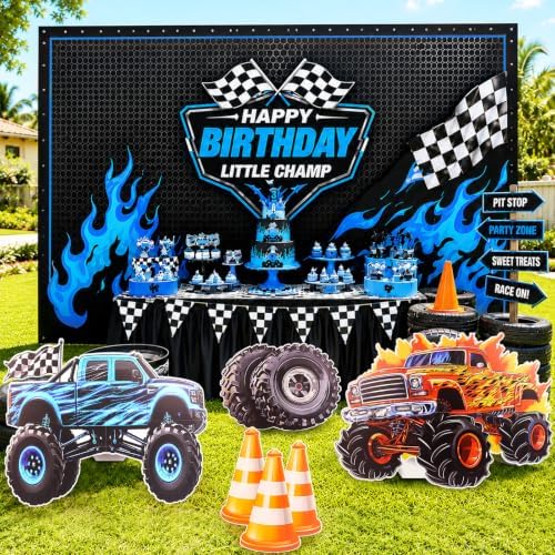 4 PCS Large Monster Truck Birthday Decorations, Monster Truck Party Decorations Cardboard Cutouts, Big Wheel Race Truck Theme Birthday Party Decor for Backdrop Yard Signs Standup Photo Booth Props - Image 6