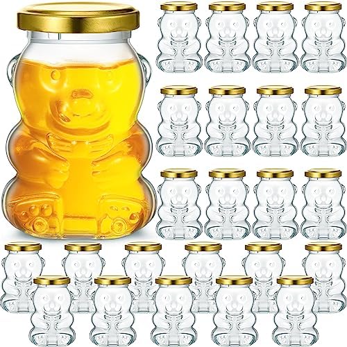 Patelai 24 Pack 6 oz Glass Bear Shaped Honey Jars with Lids Reusable Small Tilted Bear Glass Bottles Containers Dispenser for Candies, Birthday Wedding Party Favors(Classic,Gold) by Patelai