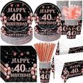 Funnymoom 452 Pcs 40th Birthday Decorations for Women Black and Rose Gold 40th Birthday Paper Plates Cups Napkins Tablecloth Cutlery Straws for Girls Women 40 Year Old Party Supplies for 50 Guests by Funnymoom