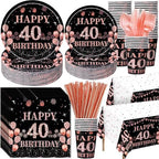 Funnymoom 452 Pcs 40th Birthday Decorations for Women Black and Rose Gold 40th Birthday Paper Plates Cups Napkins Tablecloth Cutlery Straws for Girls Women 40 Year Old Party Supplies for 50 Guests by Funnymoom