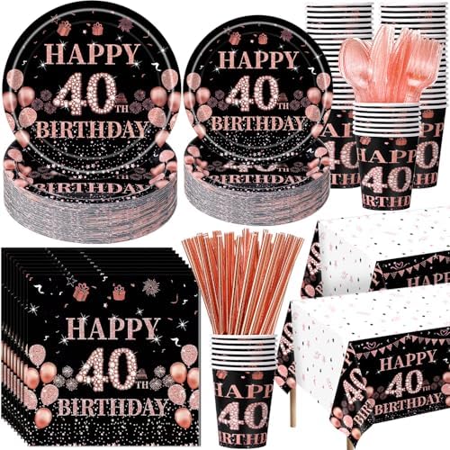 Funnymoom 452 Pcs 40th Birthday Decorations for Women Black and Rose Gold 40th Birthday Paper Plates Cups Napkins Tablecloth Cutlery Straws for Girls Women 40 Year Old Party Supplies for 50 Guests by Funnymoom