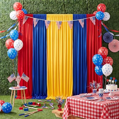 Party Backdrop Curtain 15ftx7ft - Red Yellow Blue Wrinkle Free Satin Drapes by SoarDream