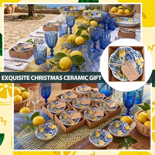 SiliFine 12 Pcs Capri Lemon Party Favors for Guests Small Ceramic Bowl Bulk Gifts Set 3.3 Inch Floral Design Mini Dipping Sauce Dish with Card Box for Bridal Pooja Baby Shower Birthday Guest Gift - Image 6