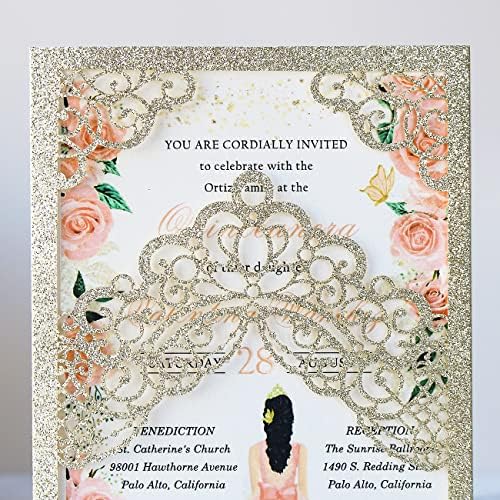 Hosmsua 50PCS 5.1x7.3 Inch Blank Champagne Glitter Quinceanera Invitations Kit Laser Cut Floral Crown Pocket Quinceanera Invitation Cards with Envelopes for Birthday Bridal Shower Quince Invite - Image 5