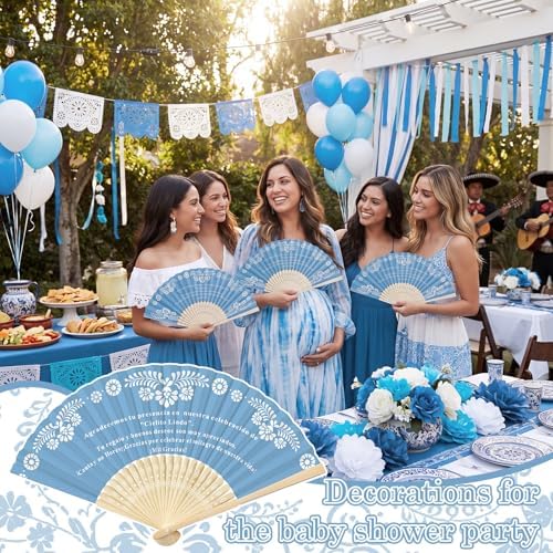 Barydat 24 Sets Cielito Lindo Baby Shower Favors De Barro Paper Hand Fans with Organza Bags Mexican Folding Fans Handheld Home Decor DIY Supplies for Guest Talavera Bridal Baby Shower(Blue) - Image 4
