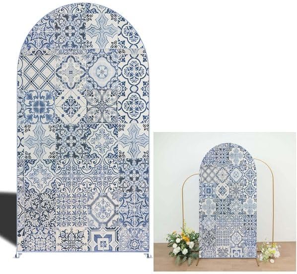 Curved Top Arch Cover Backdrop 4x7ft Mediterranean Portuguese Patchwork Tile Theme Spandex Background for Birthday Wedding Shower Banquet Porcelain Party Decoration by FiVan