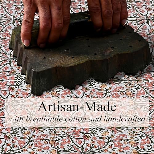 Ridhi Sassy Salmon and Emerald Green Hand Block Print Cotton Rectangle Tablecloth 160" x 72" inches Reusable Table Cover Decorative Everyday Use for Dining Room, Farmhouse, Gift Spring, Mother's Day - Image 4