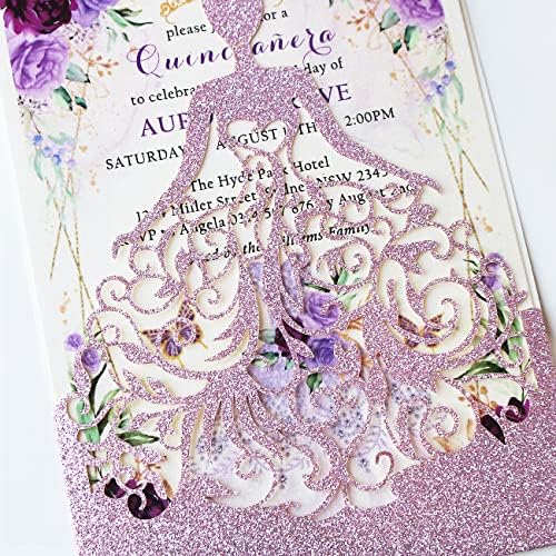 5.12 x7.28 inch 50PCS Purple Glitter Quinceanera Invitations Kit Laser Cut Hollow Girl Princess Quinceañera Invitations with Envelopes for Quinceanera Bridal Shower Invite - Image 6