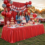 17ft Length Red Satin Table Skirt for Rectangle Tables, Wrinkle Resistant Pleated Ruffle Table Cloth Glitter Desk Skirting for Weddings Banquet Birthday Party Bridal Shower Decorations - Image 7
