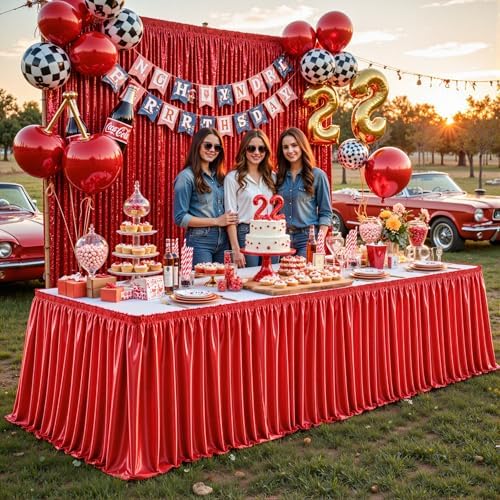 21ft Length Red Satin Table Skirt for Rectangle Tables, Wrinkle Resistant Pleated Ruffle Table Cloth Glitter Desk Skirting for Weddings Banquet Birthday Party Bridal Shower Decorations - Image 6