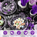 Norme 176 Pcs Purple and Black Birthday Tableware Set Birthday Decoration Includes Tablecloth Paper Plates Napkins Paper Cups Forks Knifes and Straws for 25 Guests Party Supplies (Modern) - Image 3