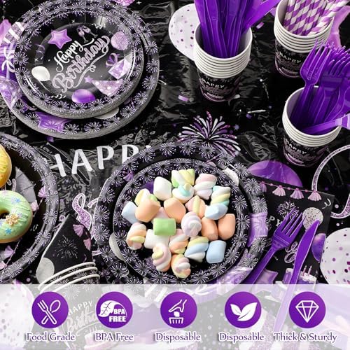Norme 176 Pcs Purple and Black Birthday Tableware Set Birthday Decoration Includes Tablecloth Paper Plates Napkins Paper Cups Forks Knifes and Straws for 25 Guests Party Supplies (Modern) - Image 3