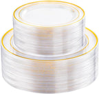 FLOWERCAT 100PCS Clear Plates with Gold Trim - Heavy Duty Clear and Gold Plastic Plate Disposable for Fall Party/Wedding Include 50PCS 10.25inch Dinner Plates - 50PCS 7.5inch Cake Plate by FLOWERCAT