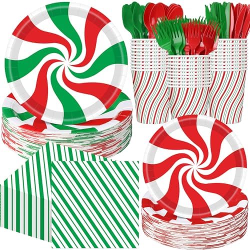 Pickmesh 400 Pcs Christmas Peppermint Candy Paper Plates Napkins Serve 50 by Pickmesh