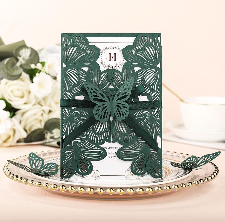 50Pcs Personalized Wedding Invitation Cards Laser Cut Hollow Butterfly with Ribbons Dark Green Invitation Kits with Envelopes and RSVP Cards For Wedding Baby Shower Birthday Quinceanera Invitation - Image 6