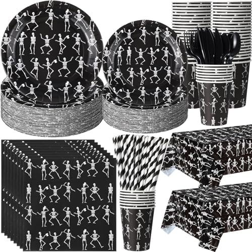 Funnymoom 452 Pcs Halloween Skeleton Party Decorations, Human Bones Dancing Skeleton Paper Plates Napkins Cups Tablecloth Cutlery Straws for Spooky Ghost Themed Birthday Party Supplies, Serves 50 by Funnymoom