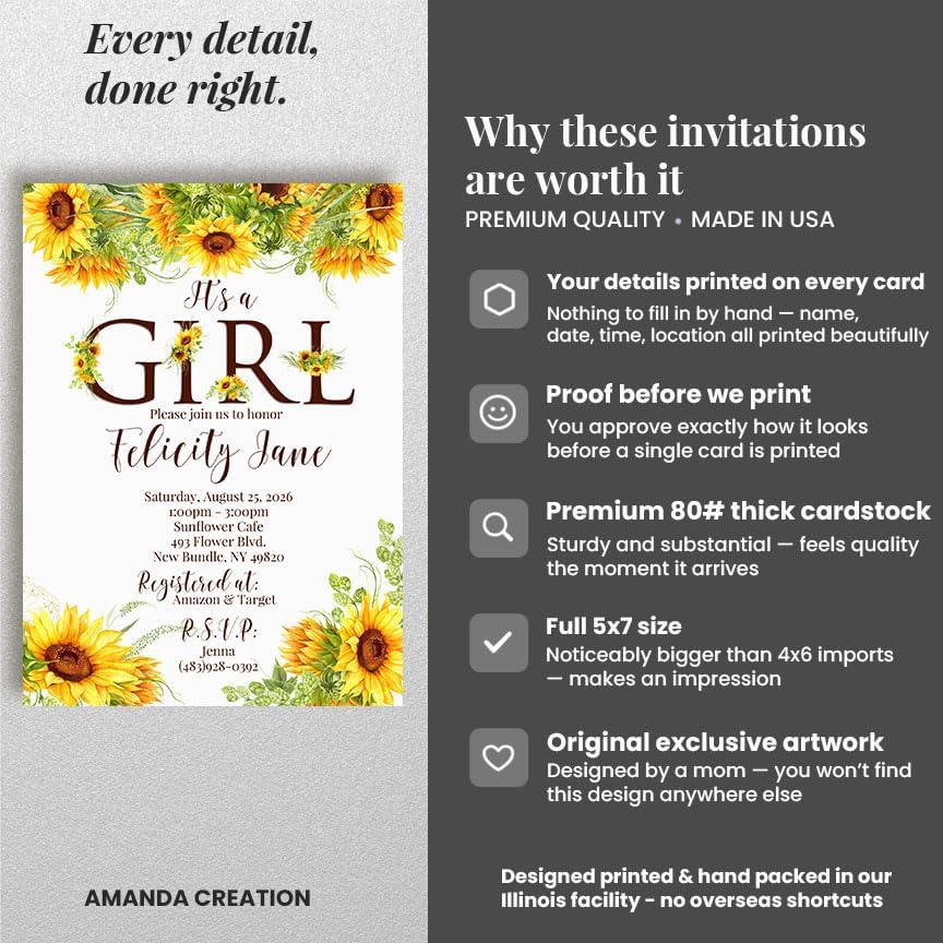 Amanda Creation Sunflower Baby Shower Invitations for Girl, It's a Girl Floral Design, Personalized Baby Shower Invitations, 30 Personalized 5x7 Double-Sided Cards with White Envelopes, Made in USA - Image 4