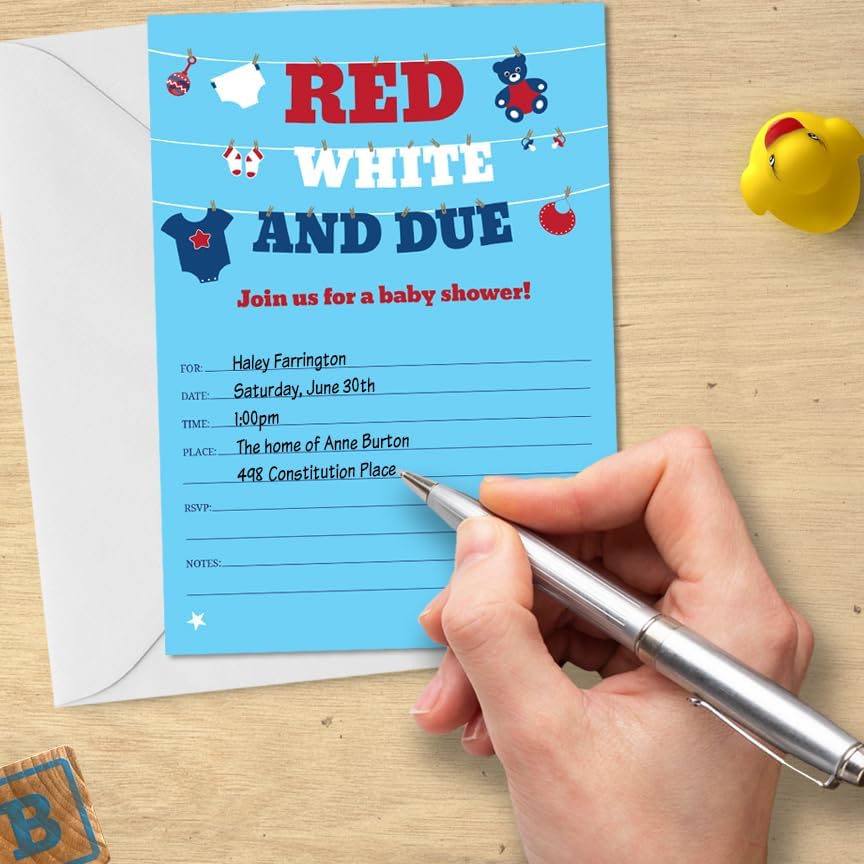 Red White & Due Baby Shower Clothesline July 4th White Invitation, Set 20 - Image 3