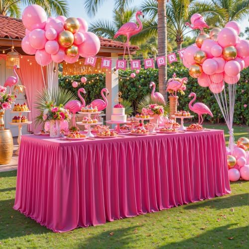 1 Pack Hot Pink Rectangle Table Clothes for 6 Foot Tables, Polyester Wrinkle Free Fitted Tablecloths 6ft Stretch Table Cover with Skirt for Wedding, Birthday, Parties, Trade Show, Craft Show - Image 4