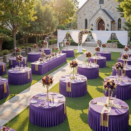 6 Pack Purple Spandex Round Tablecloths for 60 inch Table, Wrinkle Free Stretchy 120inch Fitted 5FT Round Table Cover Cloths with Skirt for Wedding Party Dining Banquet - Image 5