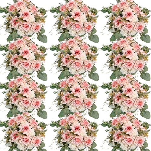Pink White Peonies Artificial Flowers 12 Bundles Silk Mum Roses by Nagobi